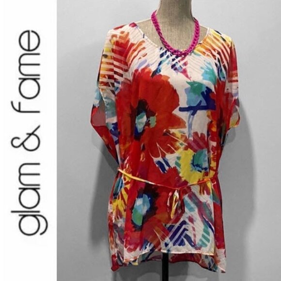 GLAM & Fame White Sheer floral Cover-Up Top XL - Picture 3 of 16